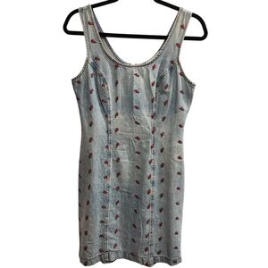 Vintage California Concepts Denim Dress with Red Floral Embroidery Size Small